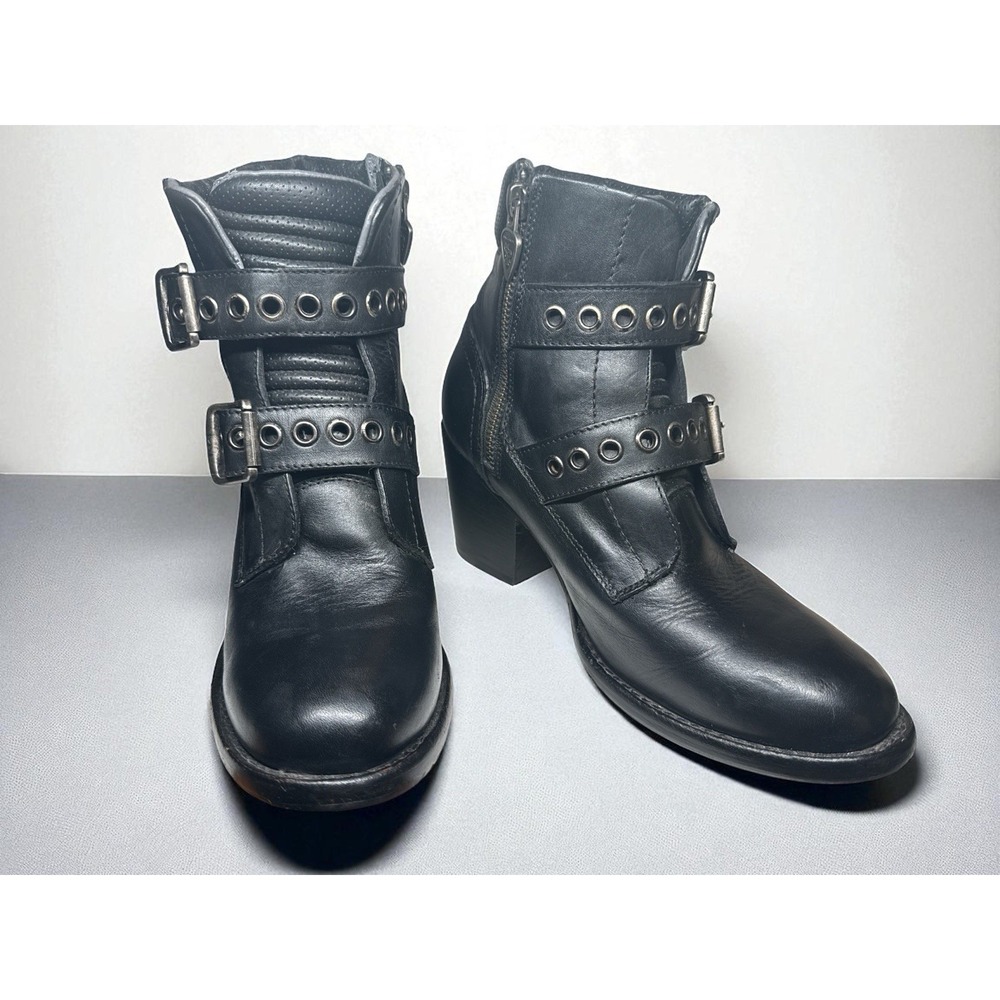 Mark Nason Black Leather Moto Buckle Heeled Boots Women's Size 7